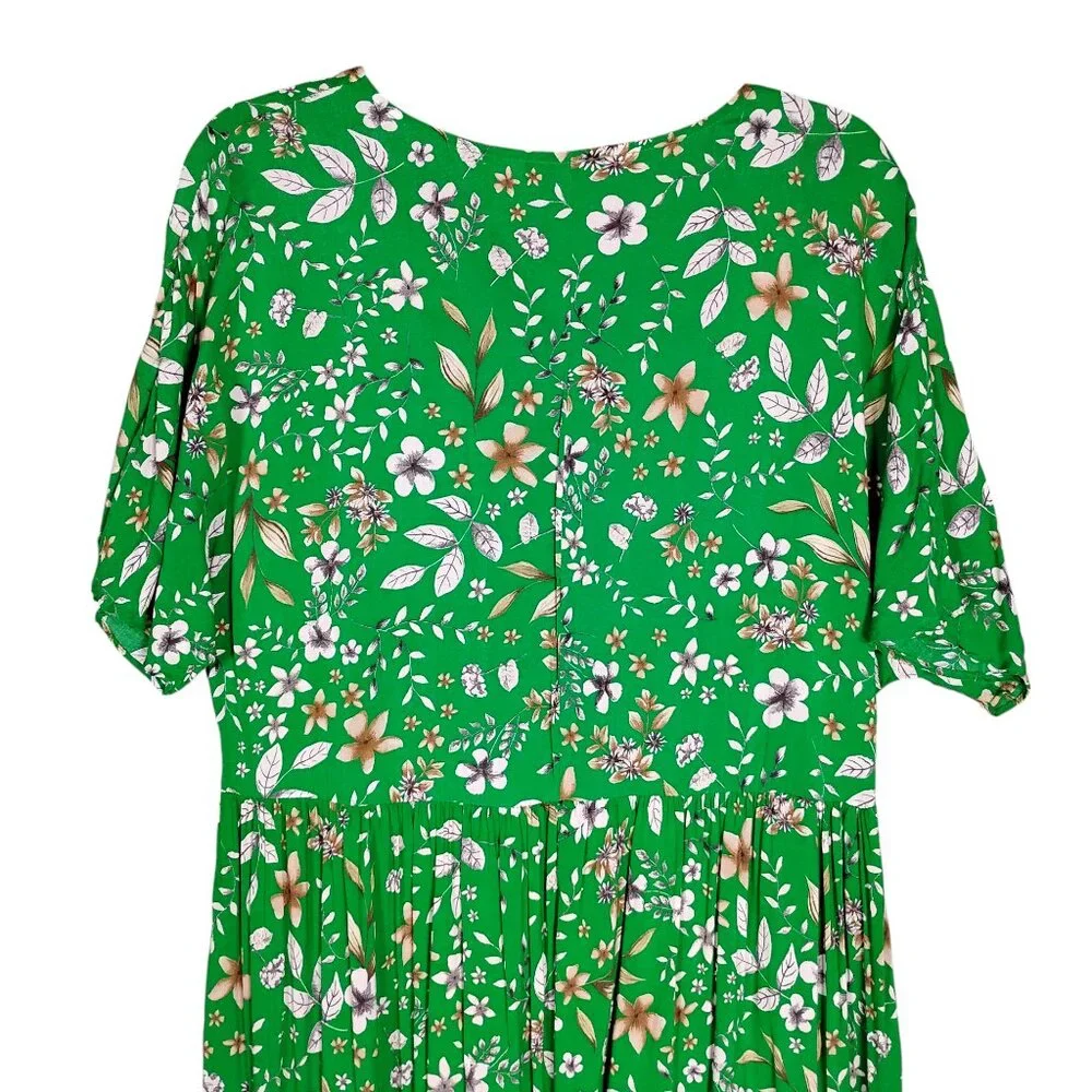 Zara Tiered Floral Green Dress Size Medium V Neck Short Sleeve Pullover - Picture 7 of 11